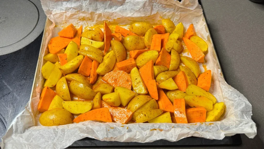 Patatas y batata al horno crujientes