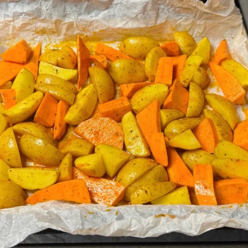 Patatas y batata al horno crujientes